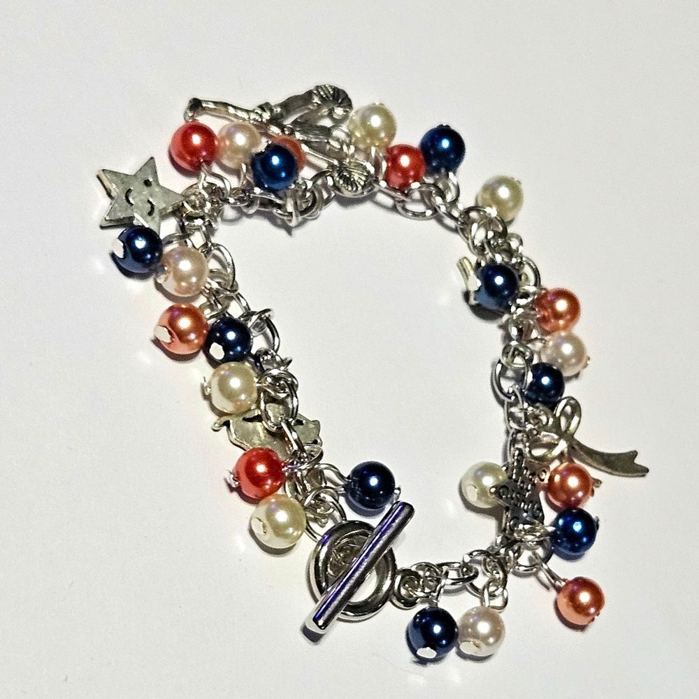 All American Sports Themed Charmed Bracelet Silver Charms & Red White Blue 7.5"